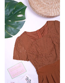 Lace Overlay Top Pleated Playsuit (Orange Brown)